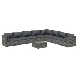 Set mobilier de grădină cu perne, 9 piese, gri, poliratan
