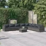 Set mobilier de grădină cu perne, 9 piese, gri, poliratan