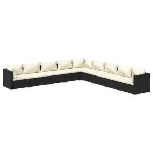 Set mobilier de grădină cu perne, 9 piese, negru, poliratan