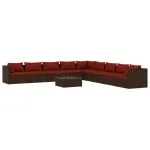 Set mobilier de grădină cu perne, 10 piese, maro, poliratan