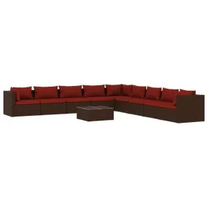 Set mobilier de grădină cu perne, 10 piese, maro, poliratan