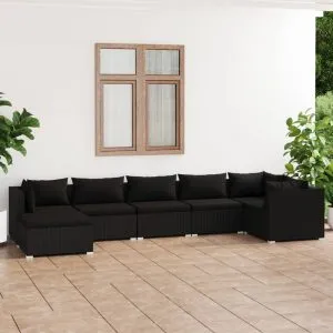 Set mobilier de grădină cu perne, 7 piese, negru, poliratan