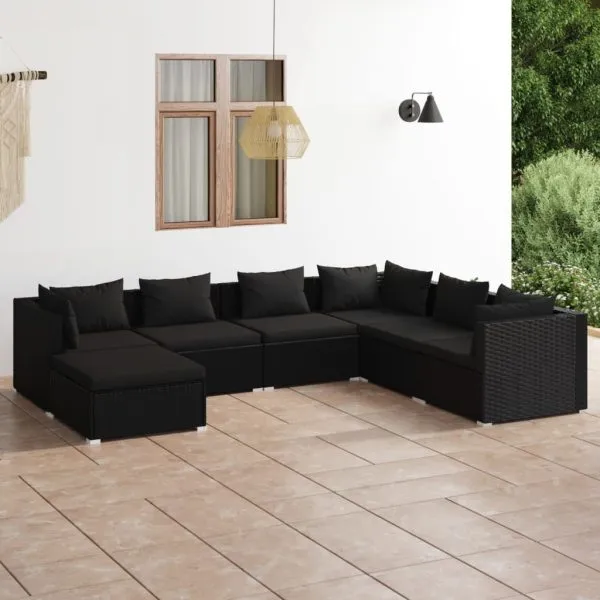 Set mobilier de grădină cu perne, 7 piese, negru, poliratan