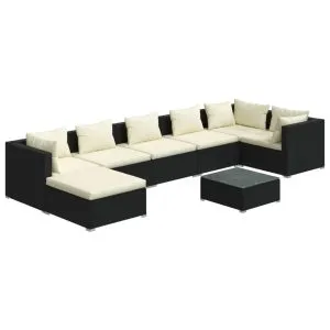 Set mobilier de grădină cu perne, 8 piese, negru, poliratan