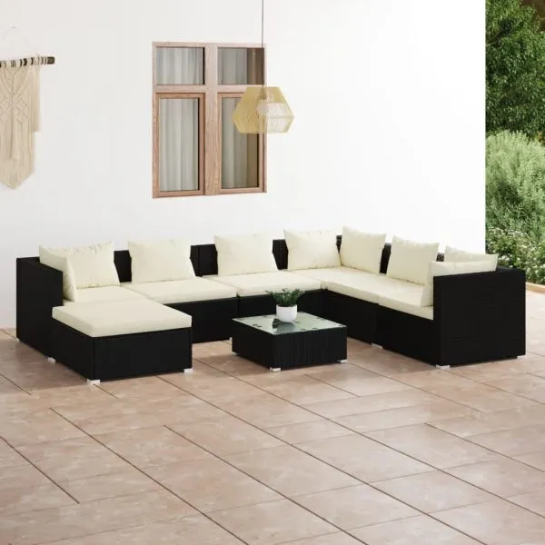 Set mobilier de grădină cu perne, 8 piese, negru, poliratan