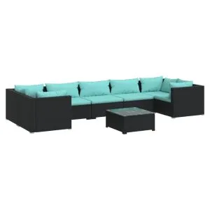 Set mobilier de grădină cu perne, 8 piese, negru, poliratan