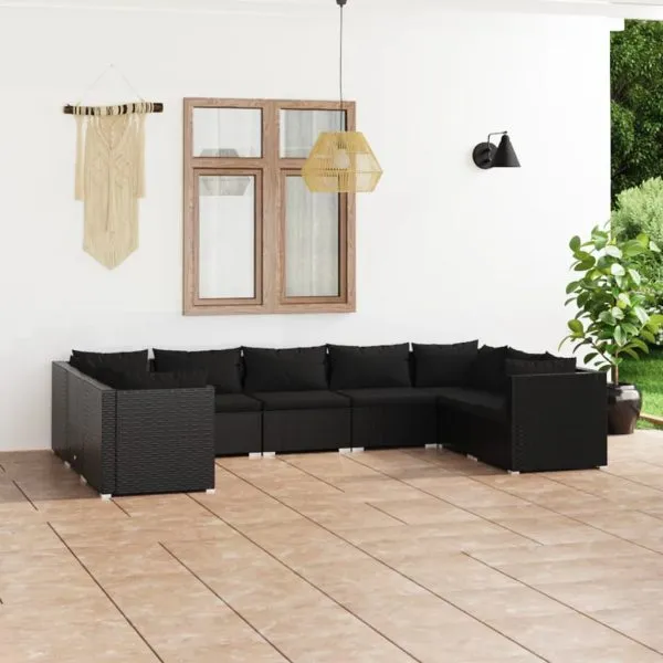 Set mobilier de grădină cu perne, 9 piese, negru, poliratan