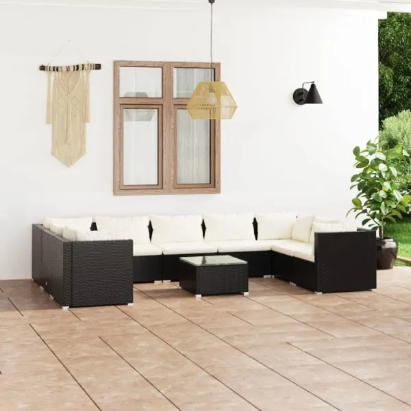 Set mobilier de grădină cu perne, 10 piese, negru, poliratan