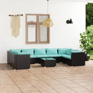 Set mobilier de grădină cu perne, 10 piese, negru, poliratan