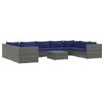 Set mobilier de grădină cu perne, 10 piese, gri, poliratan