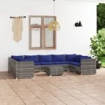 Set mobilier de grădină cu perne, 10 piese, gri, poliratan