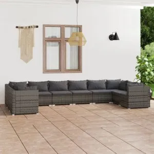 Set mobilier de grădină cu perne, 10 piese, gri, poliratan