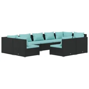 Set mobilier de grădină cu perne, 9 piese, negru, poliratan