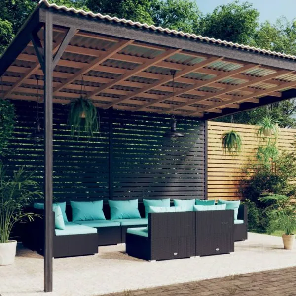 Set mobilier de grădină cu perne, 9 piese, negru, poliratan