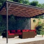 Set mobilier de grădină cu perne, 9 piese, maro, poliratan