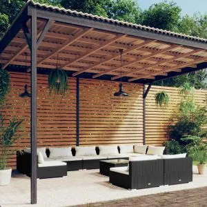 Set mobilier de grădină cu perne, 10 piese, negru, poliratan