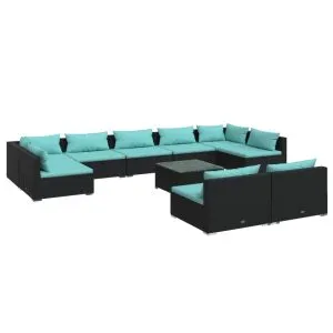 Set mobilier de grădină cu perne, 10 piese, negru, poliratan