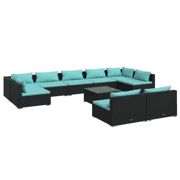 Set mobilier de grădină cu perne, 10 piese, negru, poliratan