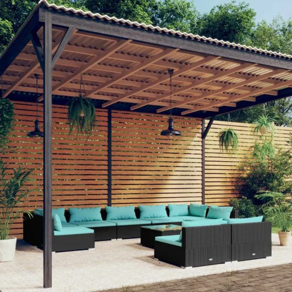 Set mobilier de grădină cu perne, 10 piese, negru, poliratan