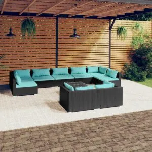 Set mobilier de grădină cu perne, 10 piese, negru, poliratan