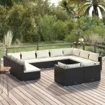 Set mobilier de grădină cu perne, 11 piese, negru, poliratan