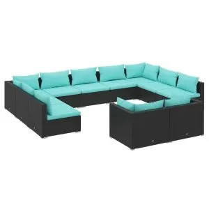 Set mobilier de grădină cu perne, 11 piese, negru, poliratan