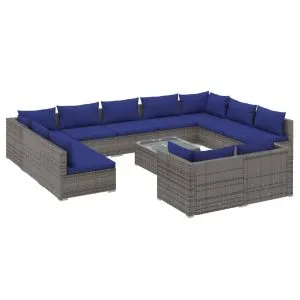 Set mobilier de grădină cu perne, 12 piese, gri, poliratan
