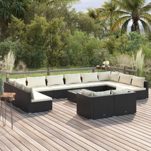 Set mobilier de grădină cu perne, 13 piese, negru, poliratan