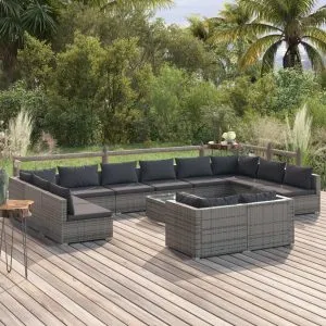 Set mobilier de grădină cu perne, 13 piese, gri, poliratan