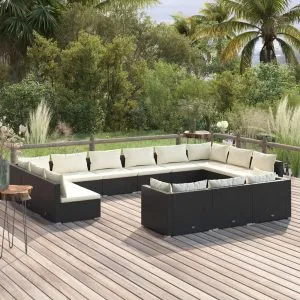 Set mobilier de grădină cu perne, 13 piese, negru, poliratan