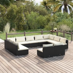 Set mobilier de grădină cu perne, 11 piese, negru, poliratan