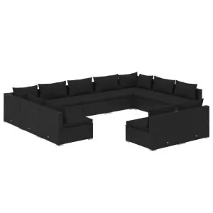 Set mobilier de grădină cu perne, 11 piese, negru, poliratan
