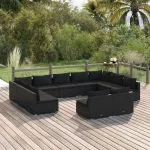Set mobilier de grădină cu perne, 11 piese, negru, poliratan