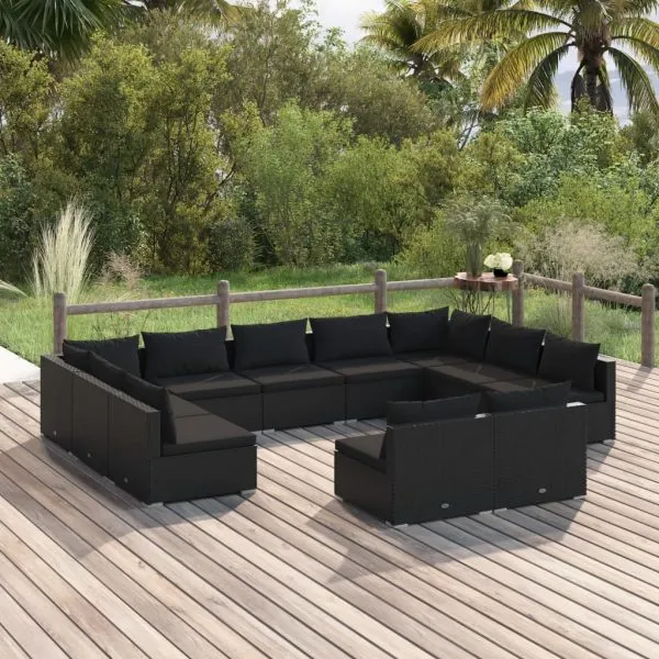 Set mobilier de grădină cu perne, 11 piese, negru, poliratan