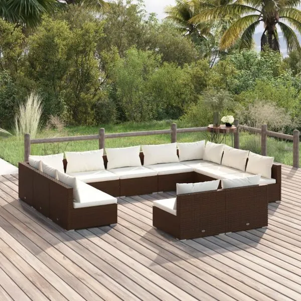 Set mobilier de grădină cu perne, 11 piese, maro, poliratan