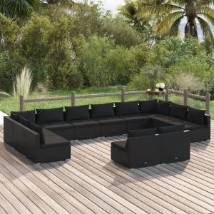 Set mobilier de grădină cu perne, 12 piese, negru, poliratan