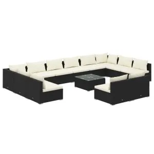 Set mobilier de grădină cu perne, 13 piese, negru, poliratan