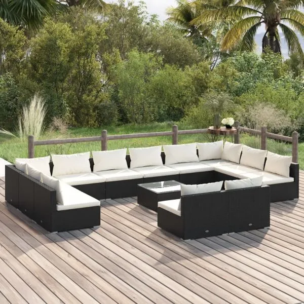 Set mobilier de grădină cu perne, 13 piese, negru, poliratan