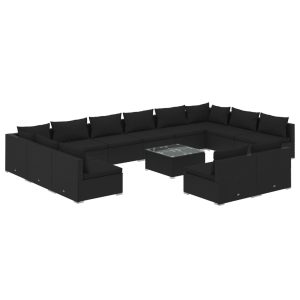 Set mobilier de grădină cu perne, 13 piese, negru, poliratan