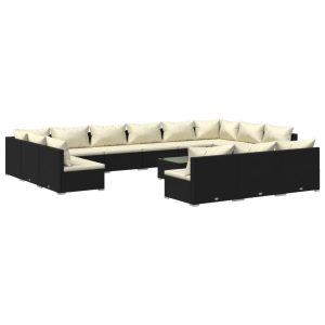 Set mobilier de grădină cu perne, 14 piese, negru, poliratan