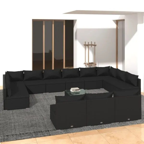 Set mobilier de grădină cu perne, 14 piese, negru, poliratan