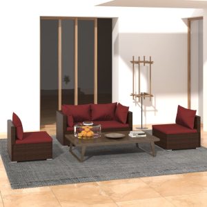 Set mobilier de grădină cu perne, 4 piese, maro, poliratan