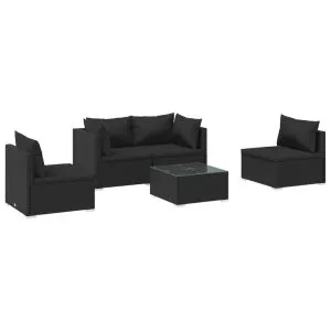 Set mobilier de grădină cu perne, 5 piese, negru, poliratan