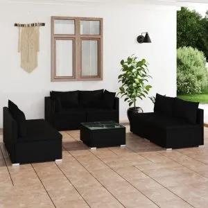 Set mobilier de grădină cu perne, 7 piese, negru, poliratan