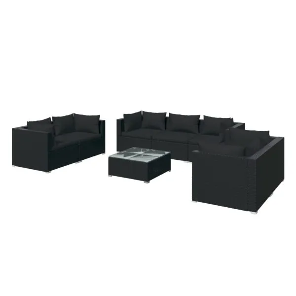 Set mobilier de grădină cu perne, 8 piese, negru, poliratan