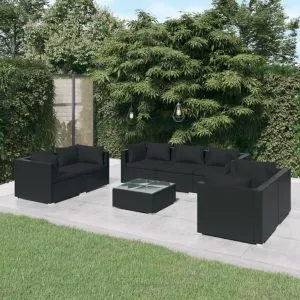 Set mobilier de grădină cu perne, 8 piese, negru, poliratan