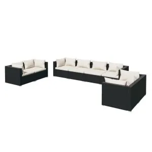Set mobilier de grădină cu perne, 8 piese, negru, poliratan