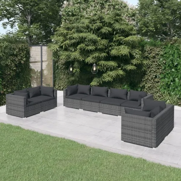 Set mobilier de grădină cu perne, 8 piese, gri, poliratan