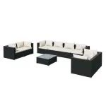 Set mobilier de grădină cu perne, 9 piese, negru, poliratan