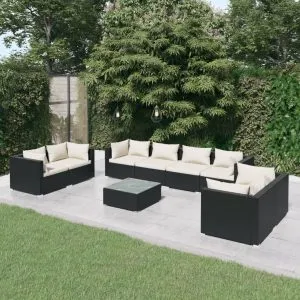 Set mobilier de grădină cu perne, 9 piese, negru, poliratan